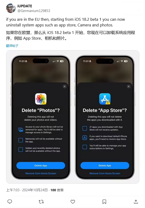 潍城苹果手机维修分享iOS 18.2 支持删除 App Store 应用商店 